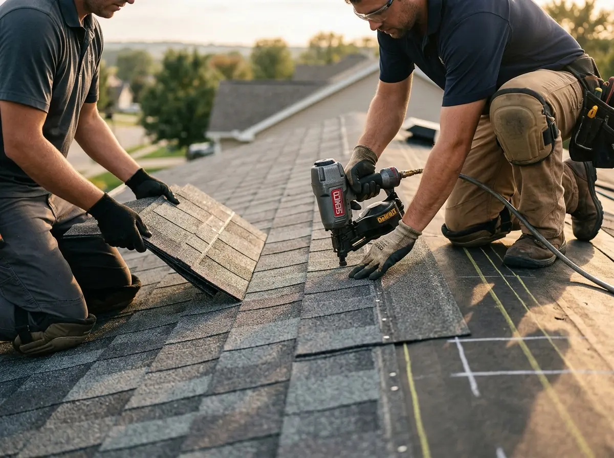 Professional roofer working on a residential roof in Ohio